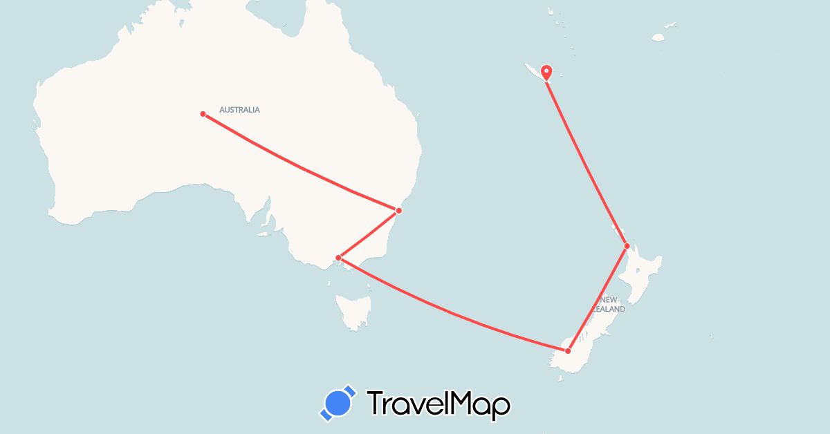 TravelMap itinerary: driving, hiking in Australia, New Caledonia, New Zealand (Oceania)